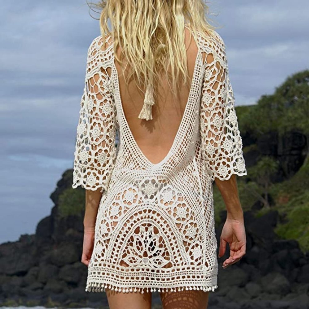 White‎ Crochet Lace Bathing Suit Cover Up Bikini Swimsuit Vacation Dress